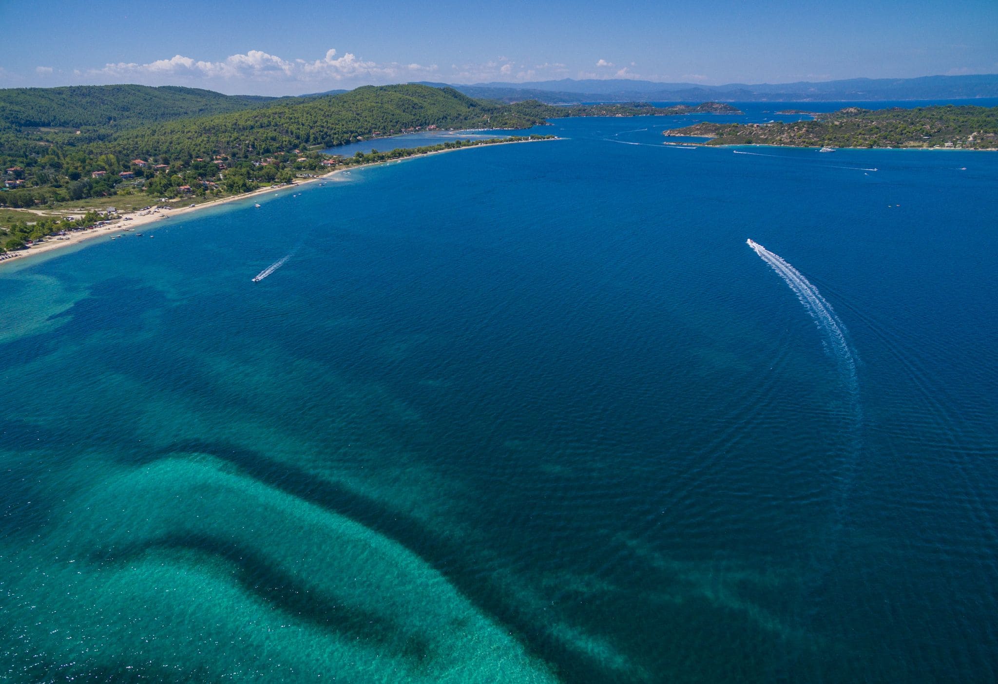 Aerial view of Vourvourou bay and the Diaporos islands, Sithonia