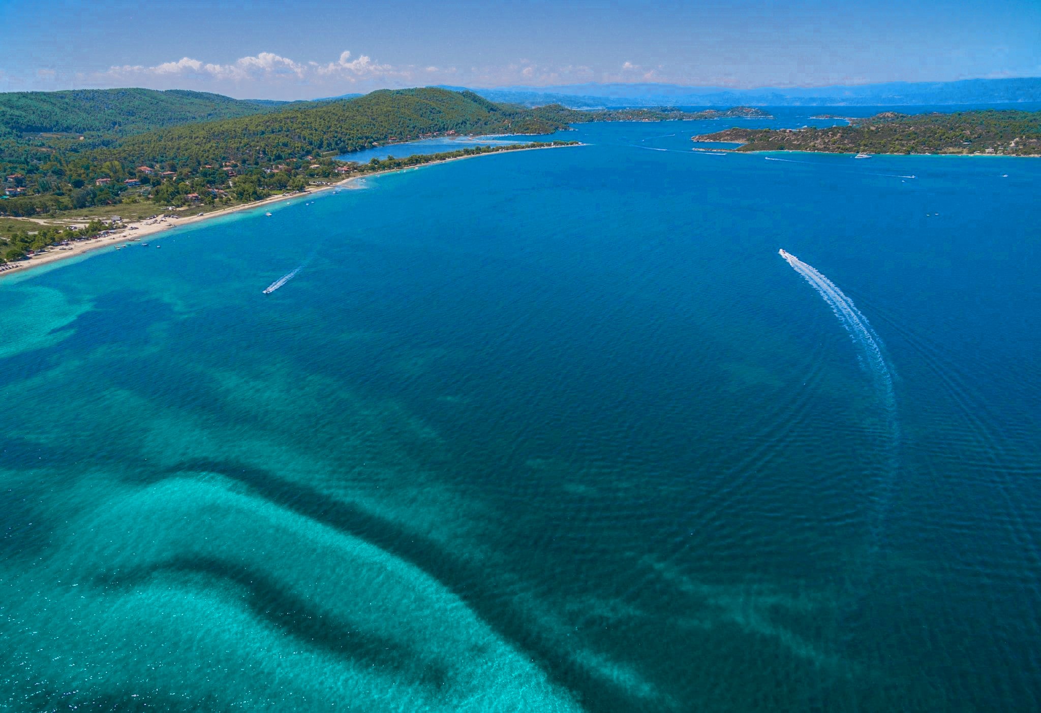 Aerial view of Vourvourou bay and the Diaporos islands, Sithonia