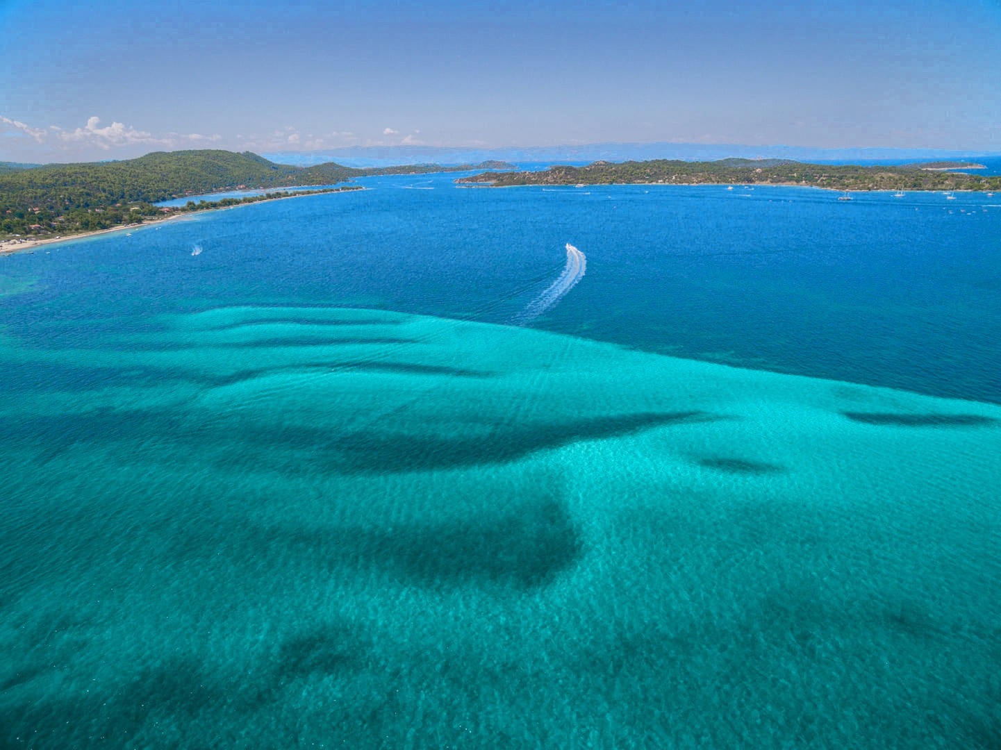 Aerial view of the Vourvourou coast and the Diaporos islands, Halkidiki